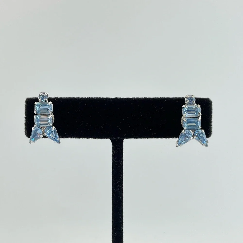 Vtg Sky Blue Rhinestone Earrings, MCM, Rockets, Atomic Age, New Ear Posts